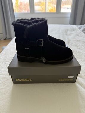NWT Style & Co. Black Faux Fur Buckle Ankle Boots